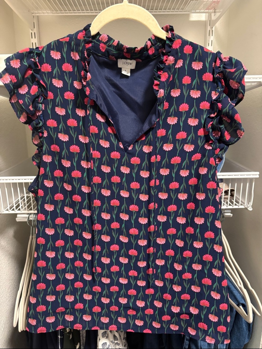 J. Crew Navy Blouse with Pink Floral Print